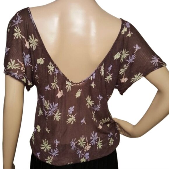 FREE PEOPLE Brown Periwinkle Floral Ribbed Knit V-Neck Short Sleeve Y2K Blouse - Picture 3 of 11